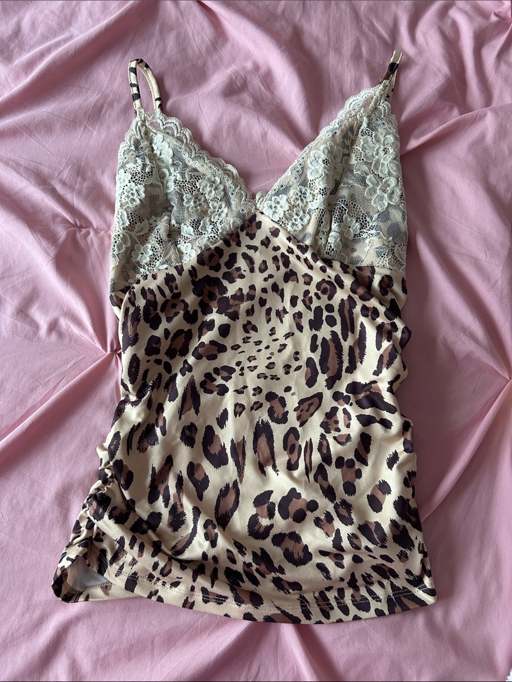 lace-trim leopard print satin cami beige/brown